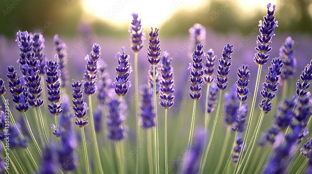 Fototapeta premium Vibrant purple lavender flowers in a field at sunset.