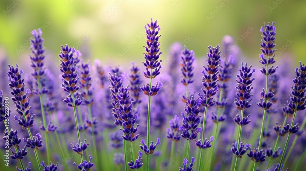Fototapeta premium Vibrant purple lavender flowers in a field, bathed in soft sunlight.