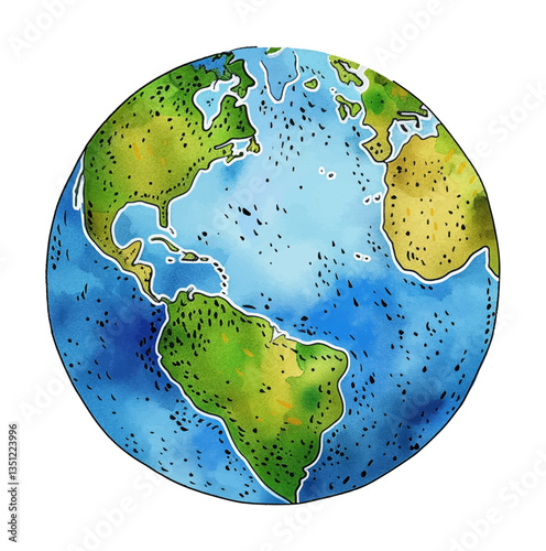 Watercolor Earth Globe Showing Continents and Oceans, with detailed land and water