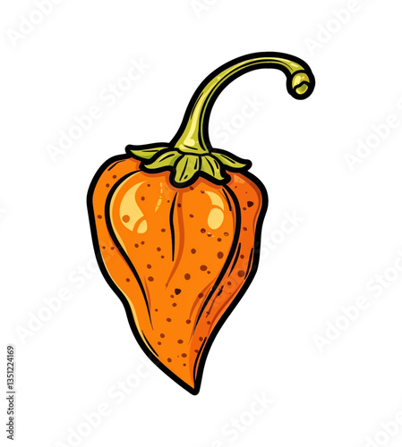Isolated Orange Habanero Pepper with Green Stem on Black Background in Cartoon Vector Illustration