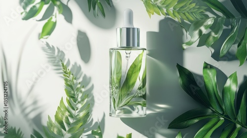 A modern skincare serum bottle with a clear glass design and lush green leaves, artistically placed against a neutral white background.