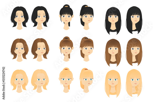 Flat character female hairstyle in various color and style short ponytail and long hair with bang with front and side view perfect for asset design vector art illustration template idea