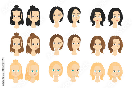 Flat character female hairstyle in various color and style short hair with bun wolf cut with front and side view perfect for asset design template idea