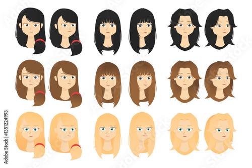 Flat character female hairstyle in various color and style of long hair with front and side view perfect for asset design vector art illustration template idea