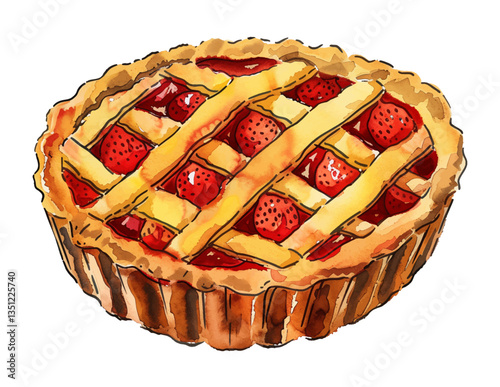 Strawberry Pie with Lattice Crust, Watercolor Illustration on Black Background, viewed from above