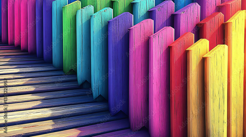 Fototapeta premium Vibrant rainbow colored fence with striking zigzag patterns that create an eye-catching display of color and design in a beautiful setting.