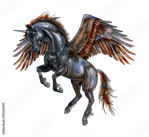 Watercolor Pegasus with Spread Wings Rearing Up on Hind Legs on Isolated Black Background