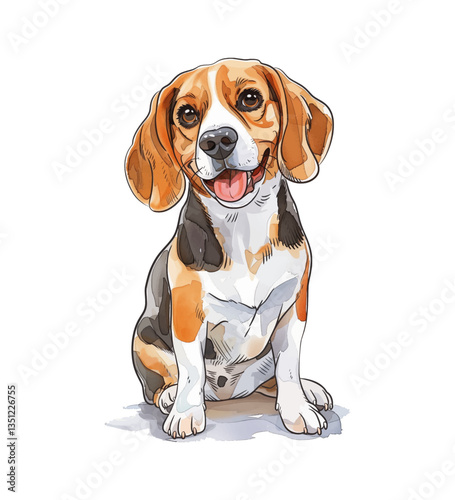 Watercolor Illustration of a Beagle Sitting and Panting with Open Mouth