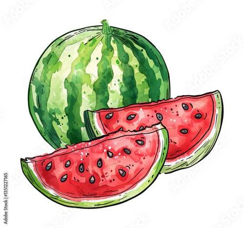 Watercolor Illustration of Whole Watermelon and Two Slices with Seeds on Black Background