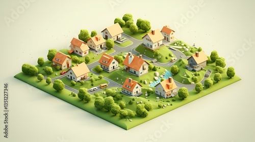 A charming village nestled in a sun-drenched valley, a peaceful haven of idyllic homes with lush greenery and winding roads, rendered in a delightful miniature style.