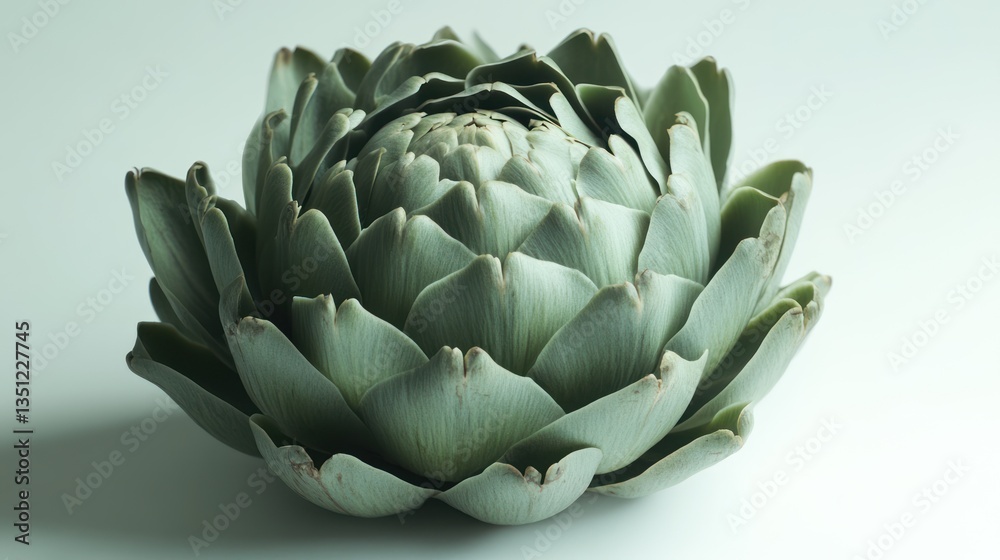 A single artichoke with tightly packed leaves, isolated on a white background A single artichoke with tightly packed leaves, isolated on a white background