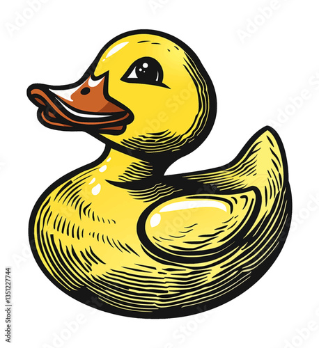 Yellow Rubber Duck Engraved Vector Illustration on Black Background, Toy Duck Detailed