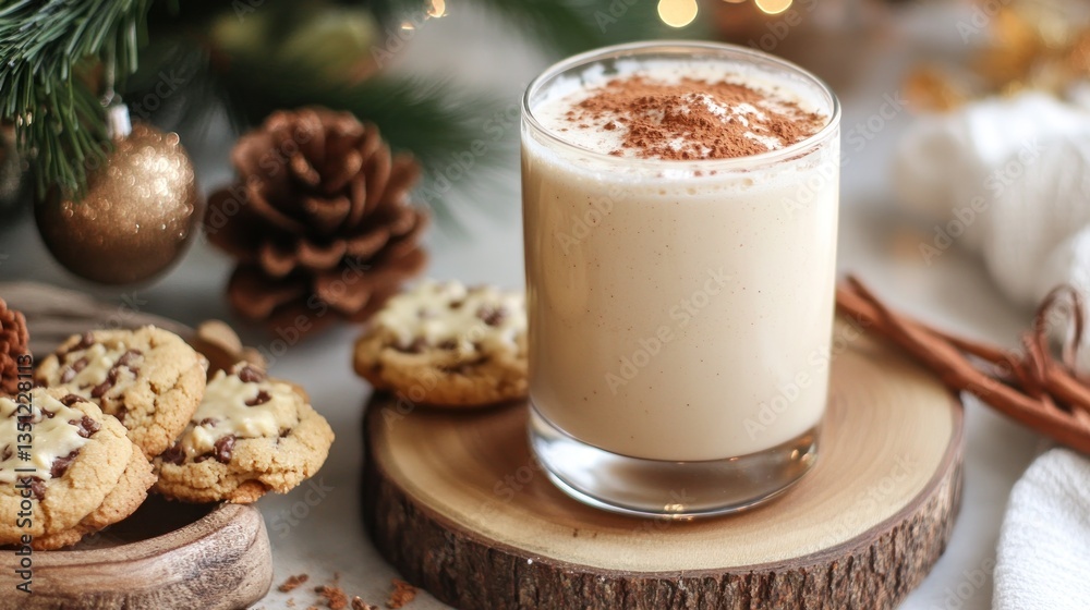 Festive Eggnog Smoothie. Creamy eggnog smoothie, topped with cinnamon, sits on a wooden coaster. Festive Eggnog Smoothie. Creamy eggnog smoothie, topped with cinnamon, sits on a wooden coaster.