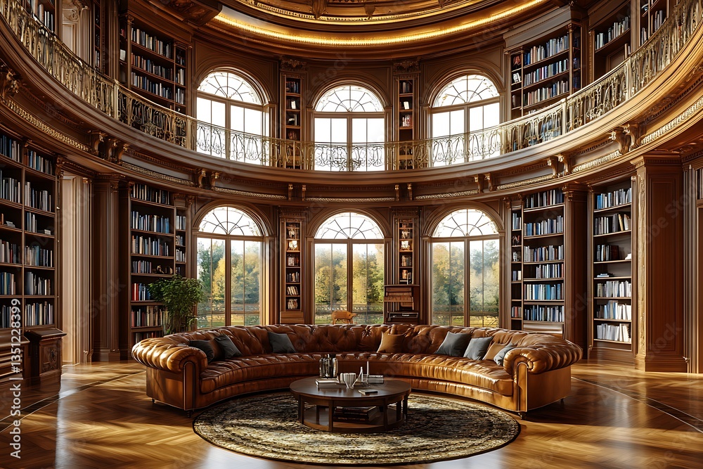 Fototapeta premium Luxurious round library with leather couch, overlooking autumn scenery. Possible use stock photo for interior design