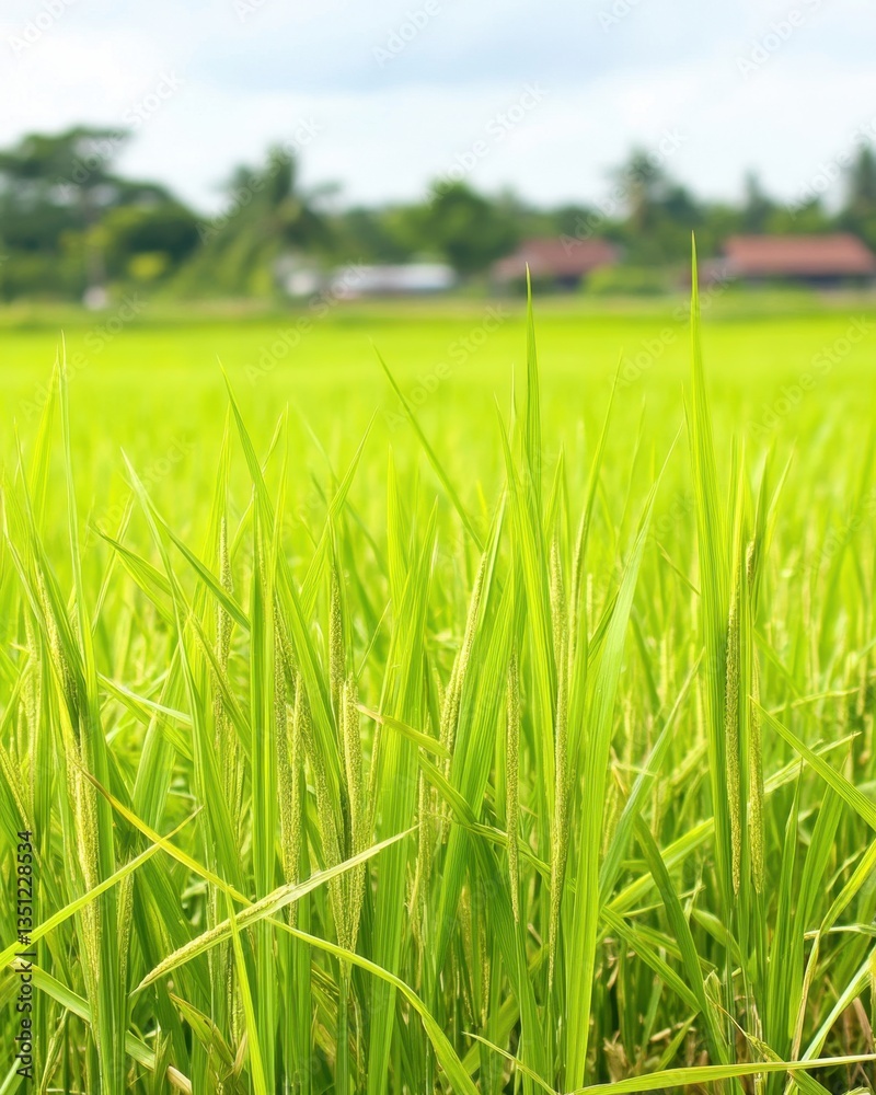 Obraz premium A vibrant green rice field stretches under a clear blue sky, dotted with fluffy white clouds. The sun casts a warm glow, highlighting the lush, swaying rice plants in the gentle breeze.