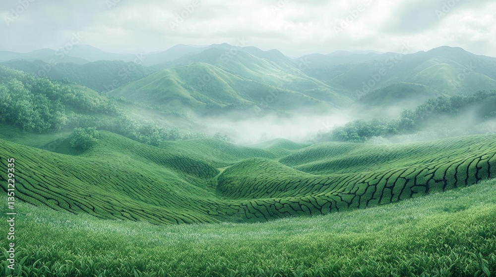 Fototapeta premium Misty green rolling hills and valleys landscape.