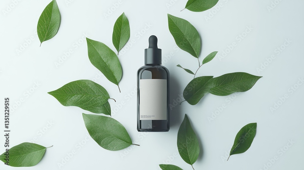 A sleek serum bottle with a modern label and surrounding vibrant green leaves, symbolizing natural skincare, against a plain white background. A sleek serum bottle with a modern label and surrounding vibrant green leaves, symbolizing natural skincare, against a plain white background.