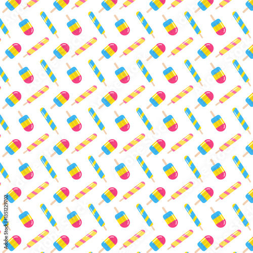 Seamless pattern with popsicles.Colorful ice cream repeat pattern isolated on white background.Summer sweet element, popsicle stick in pink blue yellow.Vector graphic illustration. 