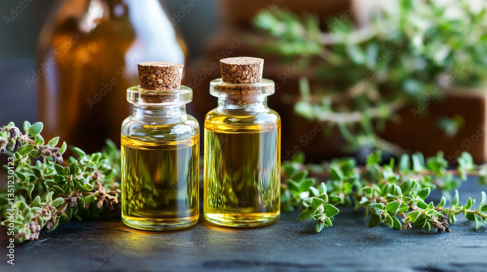 Two small bottles of oil are on a table Two small bottles of oil are on a table