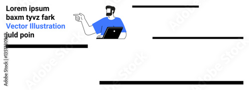 Man holding a laptop and gesturing while explaining, informal design, and textual placeholders. Ideal for presentations, remote work, tutorials, communication, education, e-learning flat landing
