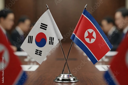 South Korea and North Korea flags crossed on a diplomatic meeting table, symbolizing international relations, peace talks, and political discussions between the two nations.
