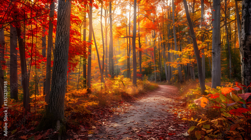 Obraz premium Serene Autumn Forest Pathway Bathed in Warm Sunlight and Vibrant Foliage Colors