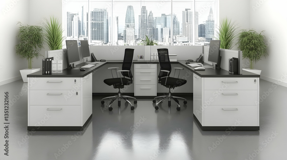 Modern office workspace with two desks, ergonomic chairs, and a cityscape view. Ideal for business, productivity, and corporate settings. Modern office workspace with two desks, ergonomic chairs, and a cityscape view. Ideal for business, productivity, and corporate settings.