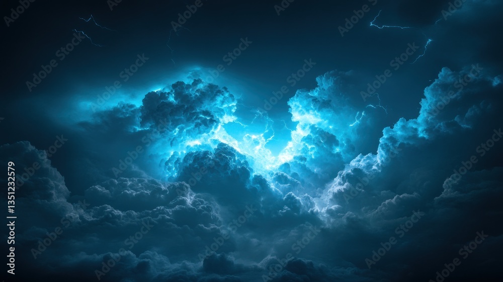Fototapeta premium Powerful Storm Clouds Illuminated by Lightning in Night Sky