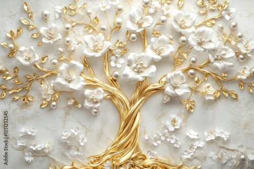 A 3D wallpaper mural featuring a golden tree of life with white pearl accents and floral details. The luxurious design creates a sense of elegance and  