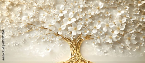 A 3D wallpaper mural featuring a golden tree of life adorned with white flowers. The luxurious design combines nature and elegance, creating a sophisticated and serene ambiance.  