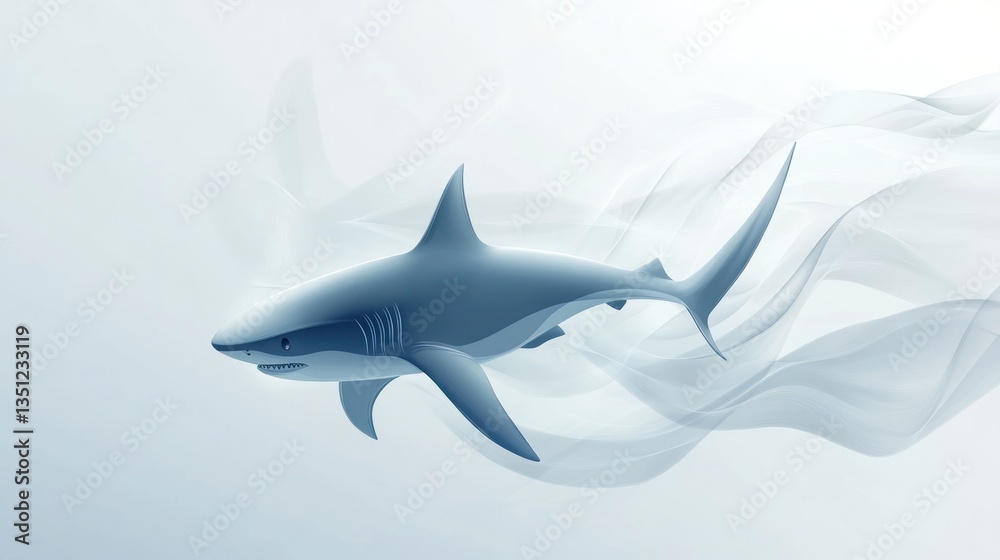 Fototapeta premium A stylized cartoon shark with sleek fins and a streamlined body, gracefully moving through an all-white minimalist background.