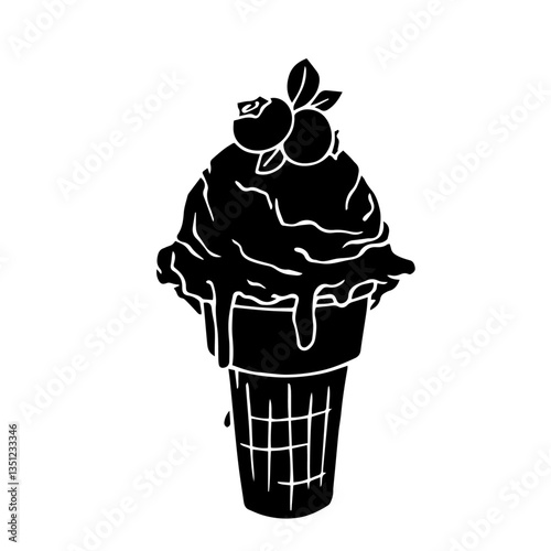 Silhouette,stamp of ice cream plombir in a waffle cone.Vector graphics.