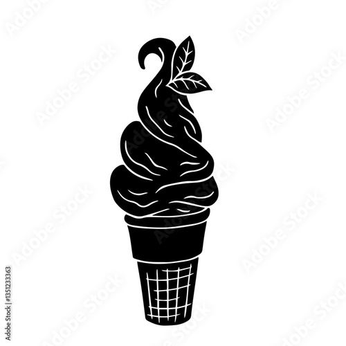 Silhouette,stamp of ice cream plombir in a waffle cone.Vector graphics.