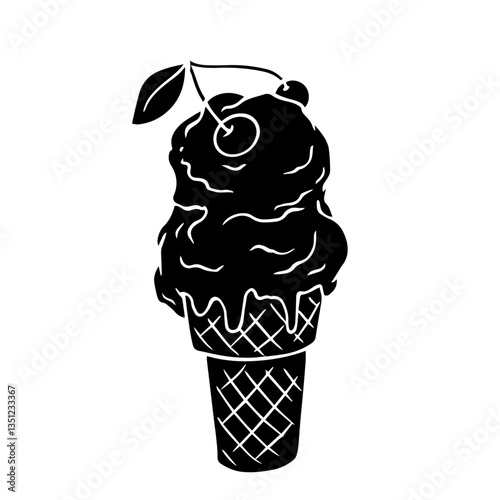 Silhouette,stamp of ice cream plombir in a waffle cone.Vector graphics.