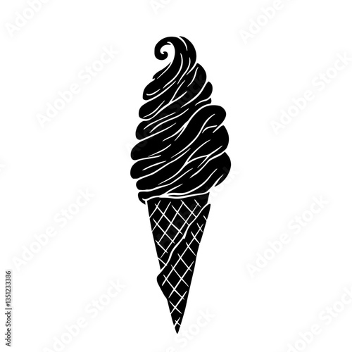 Silhouette,stamp of ice cream plombir in a waffle cone.Vector graphics.