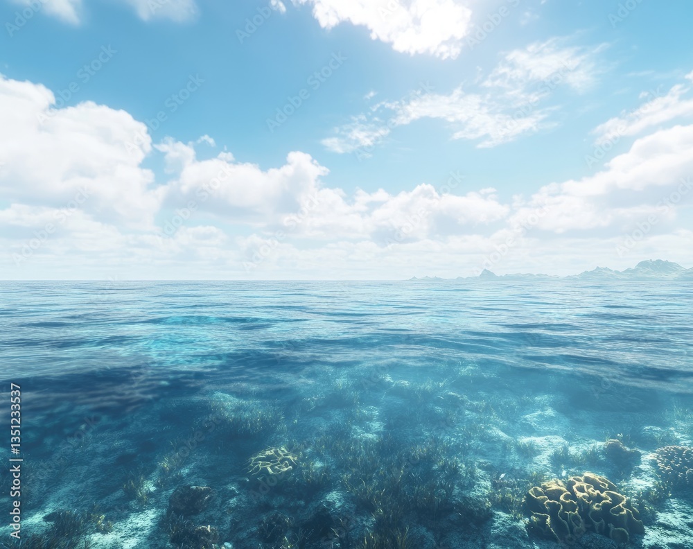 Azure ocean vista, tranquil coral reef. Sunlight illuminates a clear, shallow ocean with coral reefs in the foreground, and distant islands visible beyond the horizon under a vibrant blue sky Azure ocean vista, tranquil coral reef. Sunlight illuminates a clear, shallow ocean with coral reefs in the foreground, and distant islands visible beyond the horizon under a vibrant blue sky