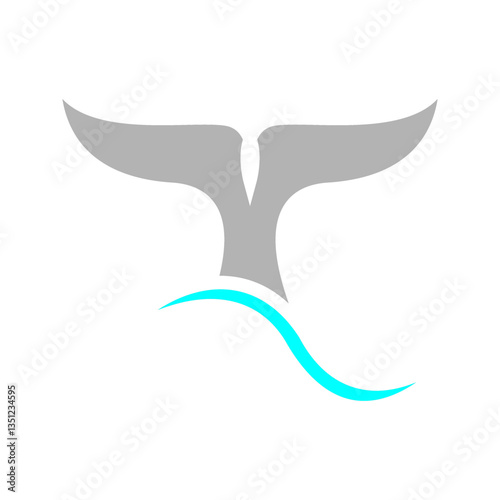 Whale tail with waves icon. Dolphin, orca, beluga or another marine mammal sign. Black cetacean animal fin silhouette isolated on white background. Ocean beast symbol. Vector graphic illustration.