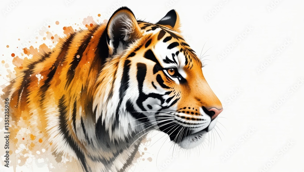 Naklejka premium Majestic Tiger Portrait with Striking Orange and Black Stripes Against a Subtle Background