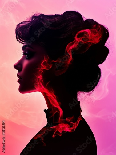 Silhouette of a Woman's Mind: The side profile of an elegant woman is illuminated by a fiery aura. Capturing the blend of inner thoughts and vibrant emotions.