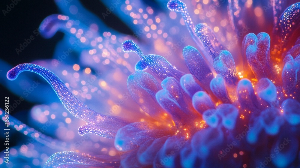Close-up of vibrant, glowing, abstract floral structure with intricate details and bokeh effect. Close-up of vibrant, glowing, abstract floral structure with intricate details and bokeh effect.