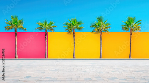 Advertising billboard mockup placed near a beach, blue sky, palm trees, perfect vacation vibe 
