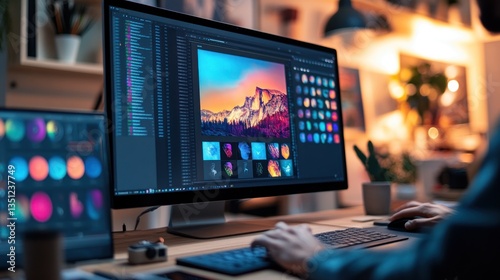 Home office photo editing workstation at night photo