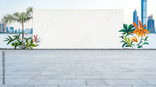 Blank billboard on an urban rooftop, clear sky, city skyline in the background, perfect advertising canvas
