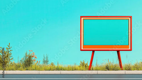 City street with a vintage billboard design, warm sunlight, clear blue sky, nostalgic advertising feel