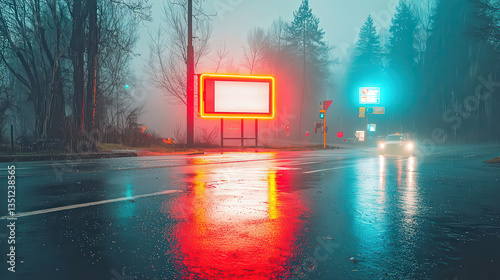 Classic neon-lit billboard on a vintage city street, warm night sky, glowing advertising aesthetic