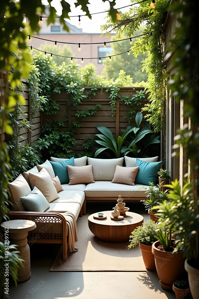 Fototapeta premium Compact oasis, small backyard, balcony, rooftop, serene, tranquil, lush greenery, potted plants, hanging vines, small trees, textured foliage, dappled sunlight, comfortable seating, plush sofa, hammoc