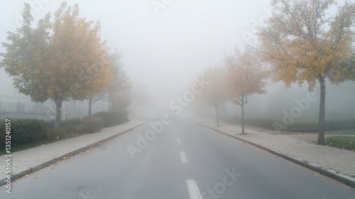 Misty autumn morning on a quiet street with trees lining the road and soft fog enveloping the scene