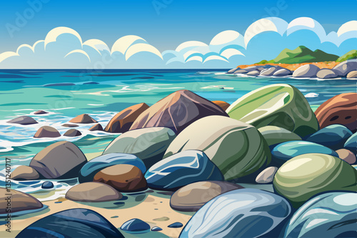 vector illustration of a rocky beach and sea