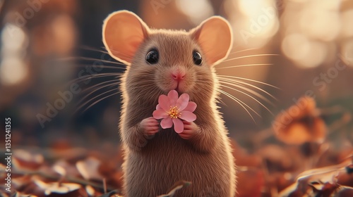 Whimsical Mouse with Flower: A charming mouse holding a delicate pink flower, captured with enchanting details in a cozy autumnal setting, evoking feelings of joy and innocence.
