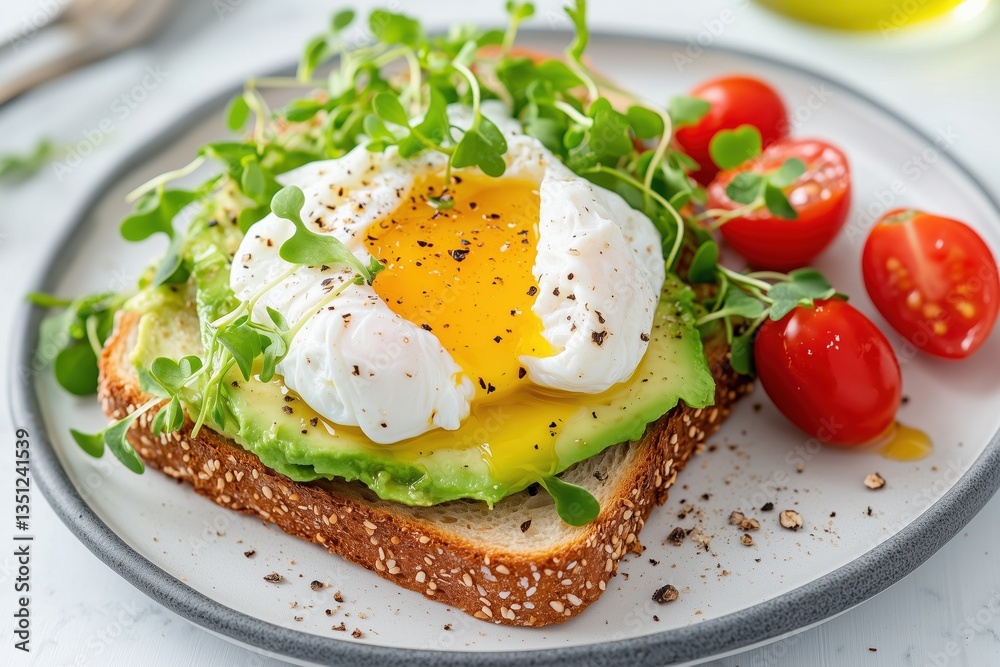 Gourmet sourdough toast topped with poached egg and vibrant toppings Gourmet sourdough toast topped with poached egg and vibrant toppings
